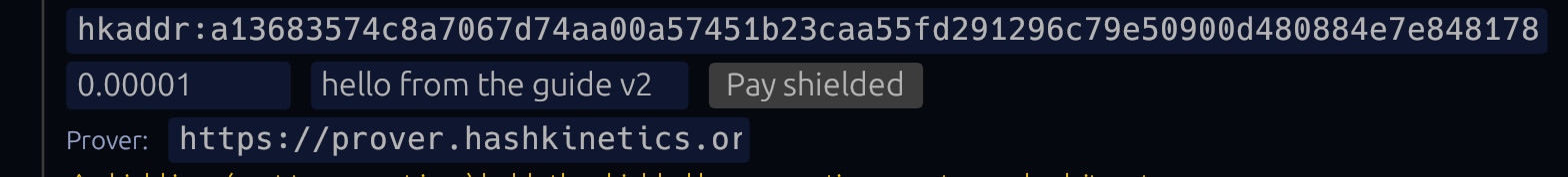 Pay shielded: stealth address, amount, memo.