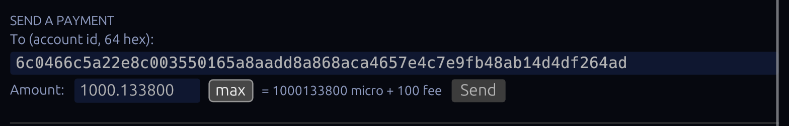 max = balance − fee; the preview shows amount + fee in micro.