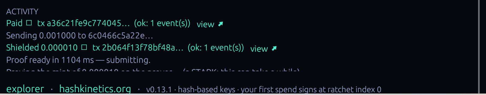 A landed payment: Paid ✓, the transaction id, ok: 1 event(s), and the explorer link.