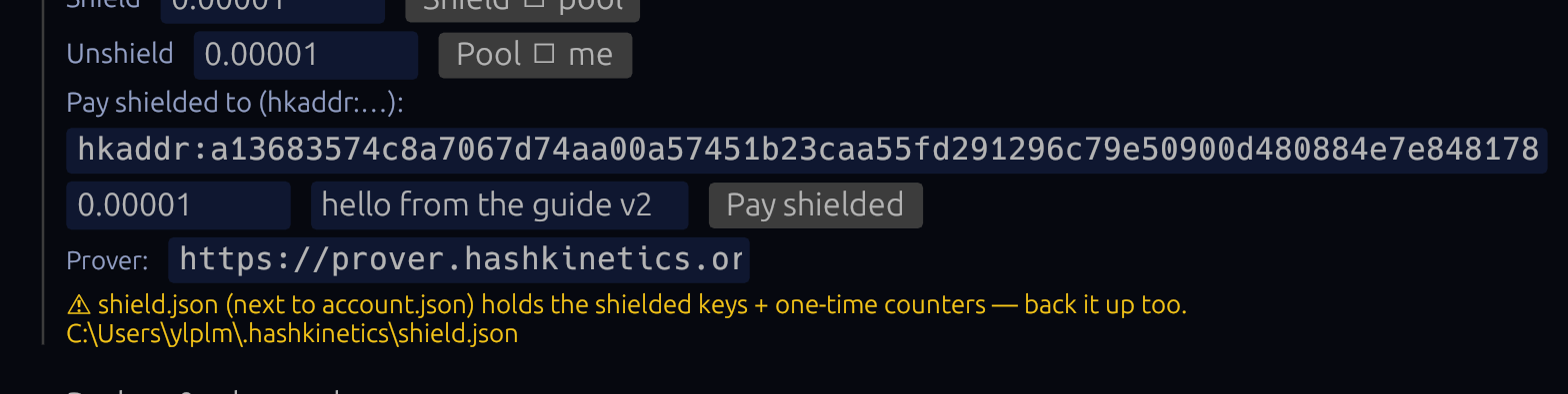 Shield → pool with the amount typed; Pool → me and Pay shielded sit below it, and the prover URL can point at your own hk-prove.