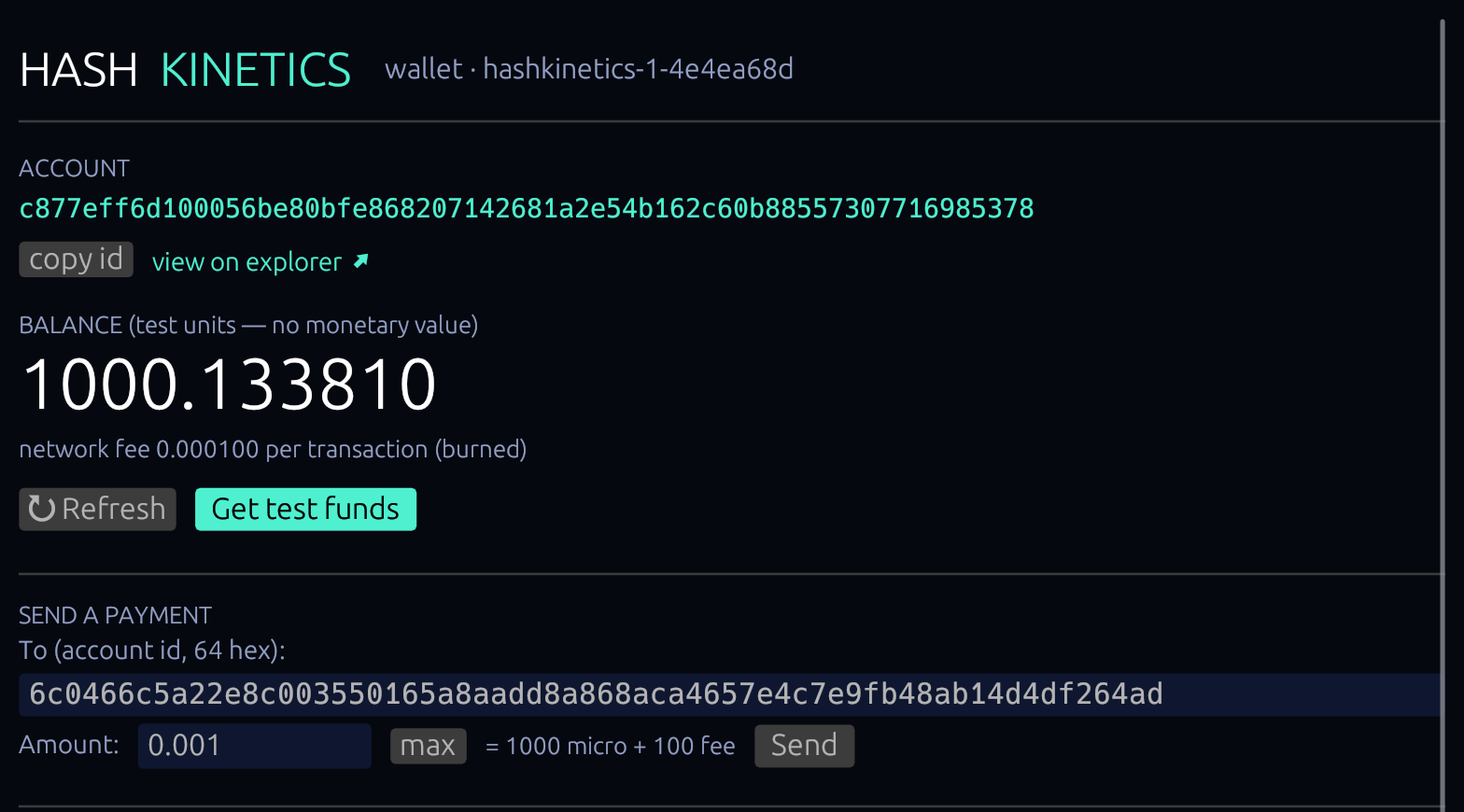 The main screen: account, balance with the fee line, actions, send.